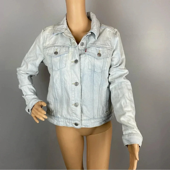 Levis Girls Youth Size Large Denim Jacket Light Wash Floral Sleeves SEE ALL. - Picture 1 of 10